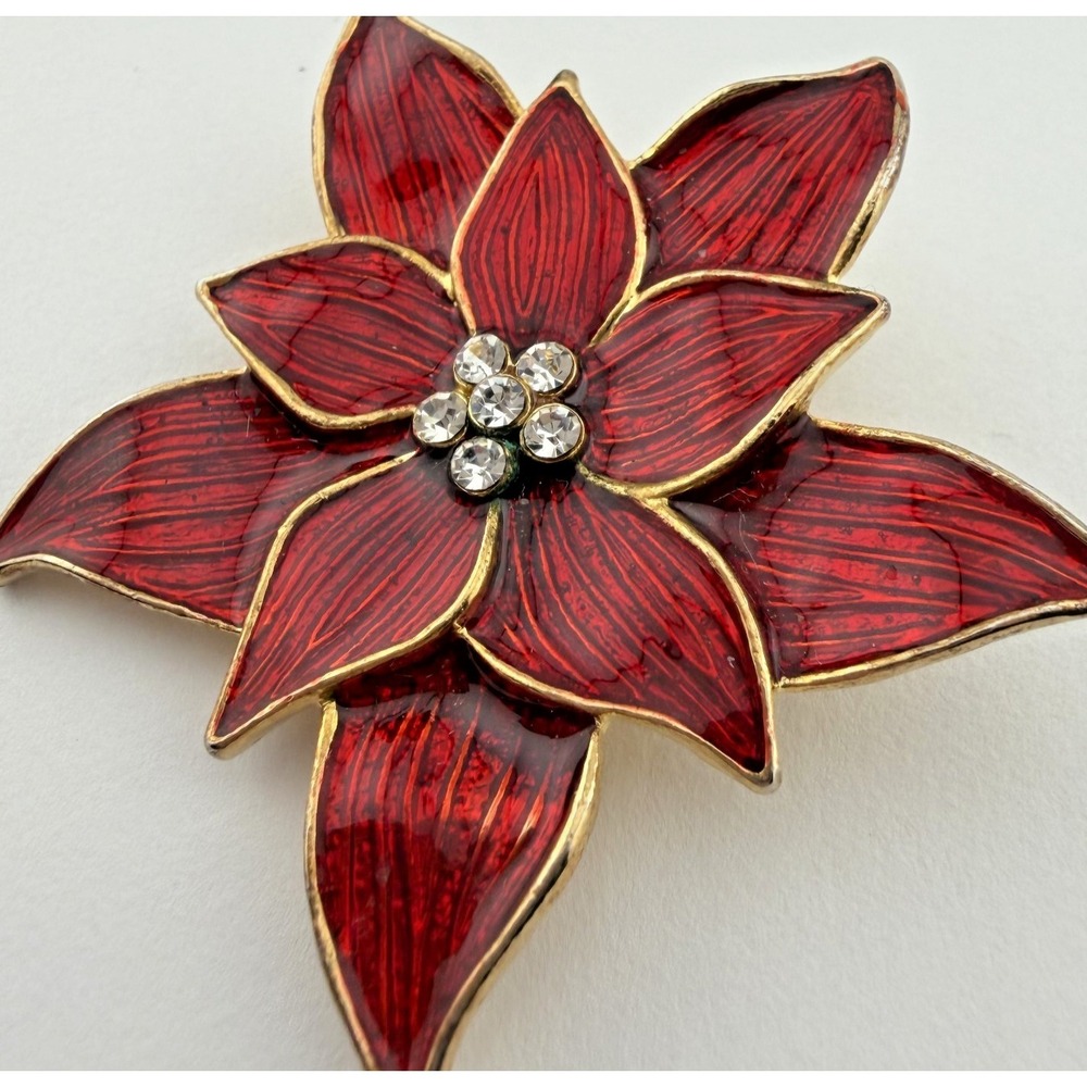 Vintage Eisenberg Ice Red Enamel Poinsettia Flower Brooch Rhinestone Gold Tone
